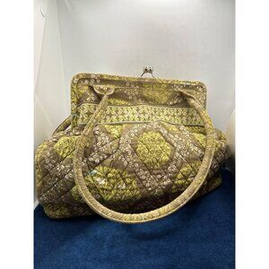 Vintage Vera Bradley Quilted Floral Handbag Purse Brown Yellow & Green 15"x10"x7